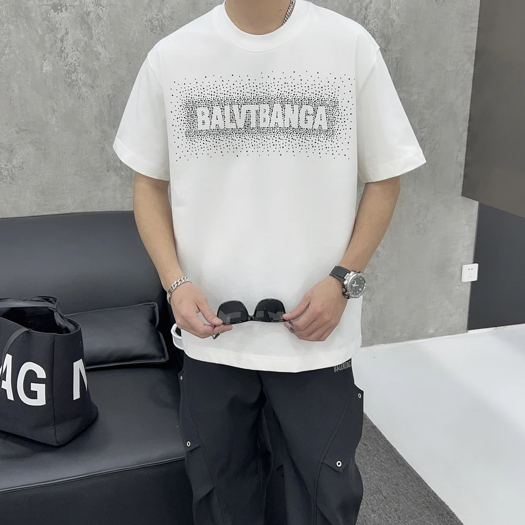 2025夏新款短袖T恤男士轻奢高端重工烫钻字母时尚半袖体恤潮个性