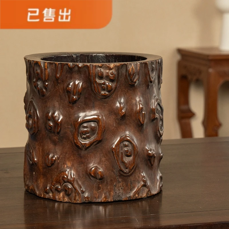 【已售勿询仅供欣赏】清早期 黄花梨雕树瘤大笔海 古董收藏品