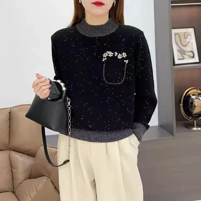 （燕子宠粉福利）刺绣女毛针织衫秋冬亮片刺绣毛衣套头时尚秋冬打底