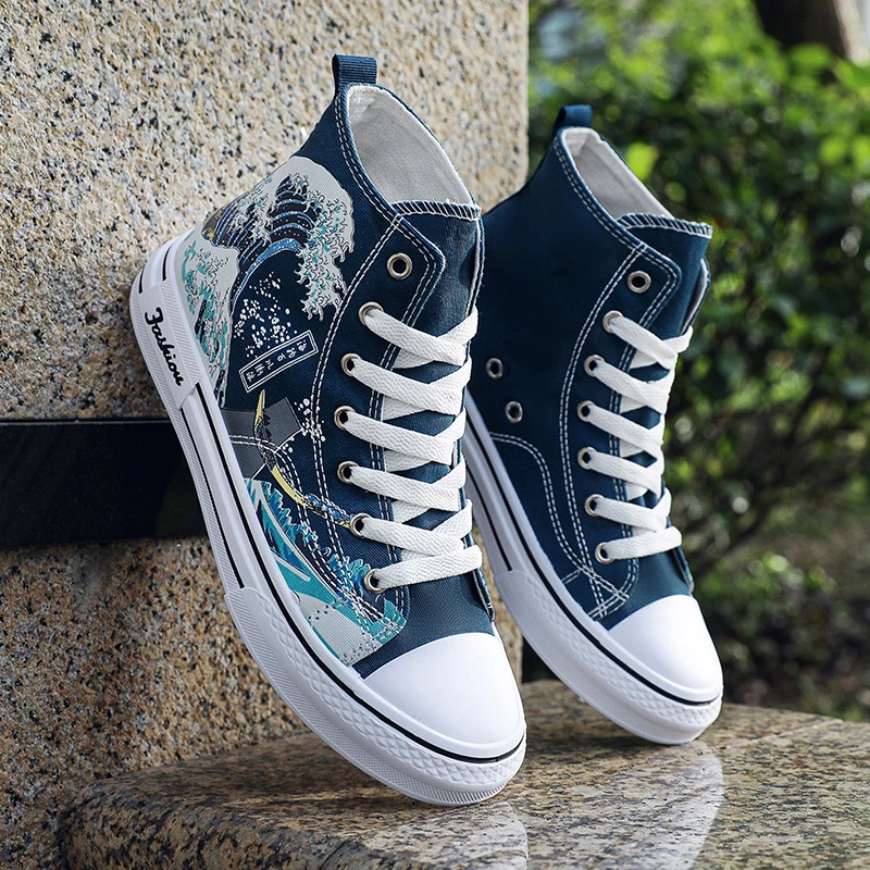 蓝色夏季新款男士帆布鞋高帮鞋子男款休闲布鞋潮流百搭时尚男鞋