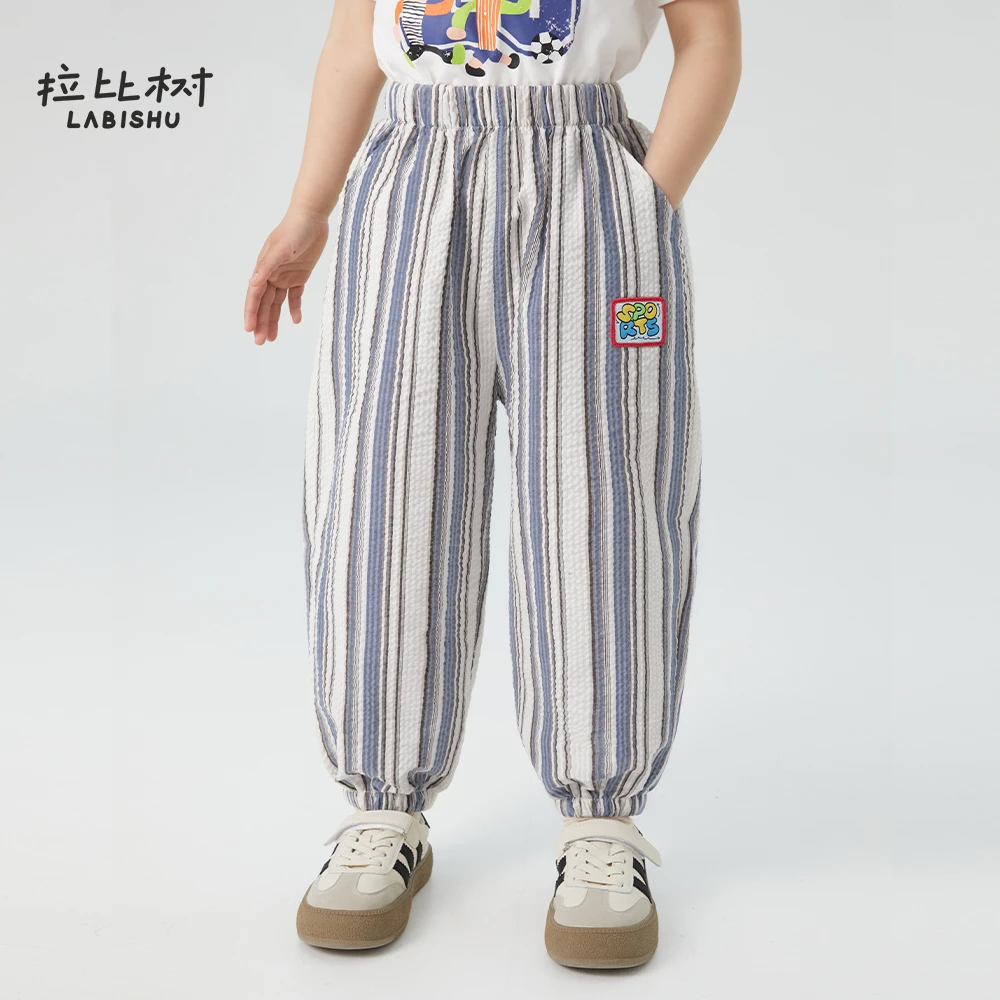 拉比树男童时尚裤子运动字母标条纹裤百搭长裤潮夏季宝宝宽松帅气