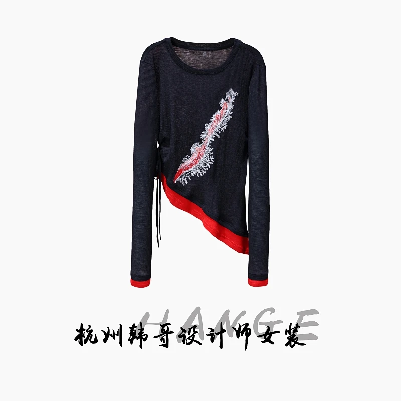 【韩哥女装】夏季欧货设计师黑色拼接刺绣抽褶长袖爽肤衣8970-A8