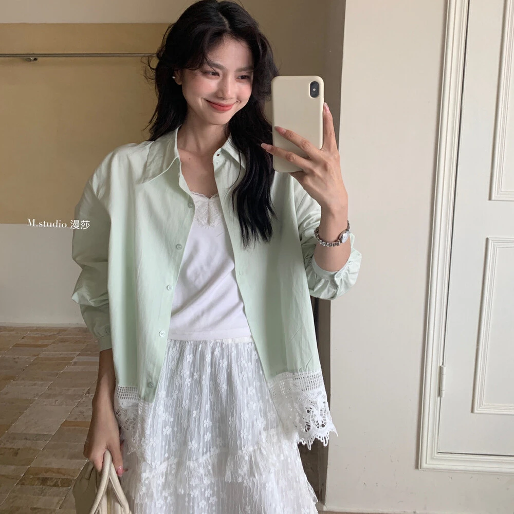 2025年春夏新款韩版宽松显瘦百搭休闲蕾丝拼接衬衫女设计感上衣潮