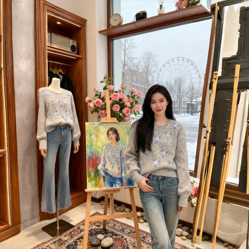 女装重工刺绣勾花套头毛衣冬季胖mm宽松显瘦内搭外穿针织上衣