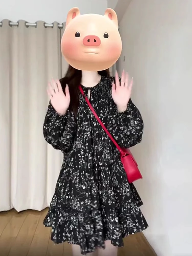 法式茶歇黑色长袖碎花连衣裙女早春季2025年新款小个子高级感短裙