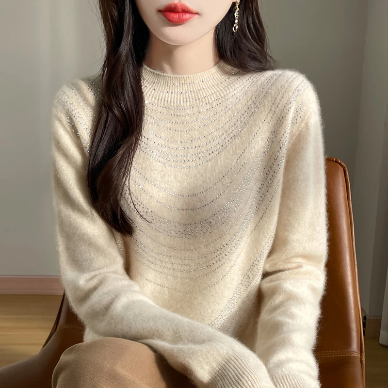 秀场爆单了！秋冬新款一线成衣半高领烫钻羊毛衫女毛衣百搭