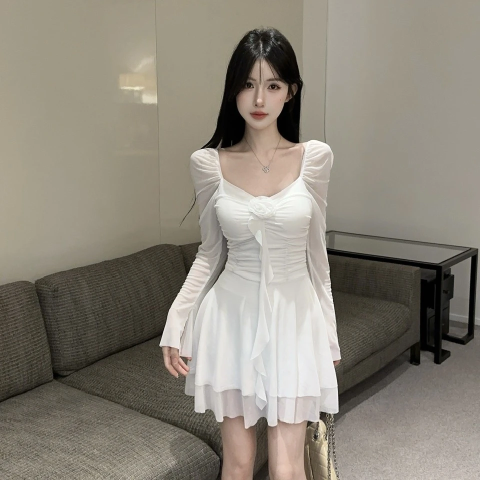 辣妹性感低胸网纱连衣裙纯欲风气质花朵一字领长袖褶皱包臀短裙子