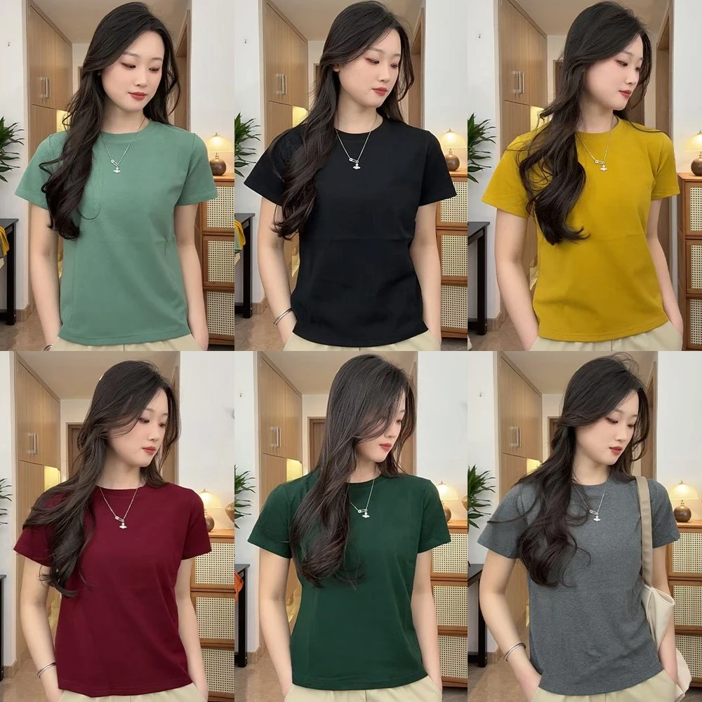 高级感圆领正肩纯色短袖T恤女夏季韩版百搭小众气质感显瘦上衣潮