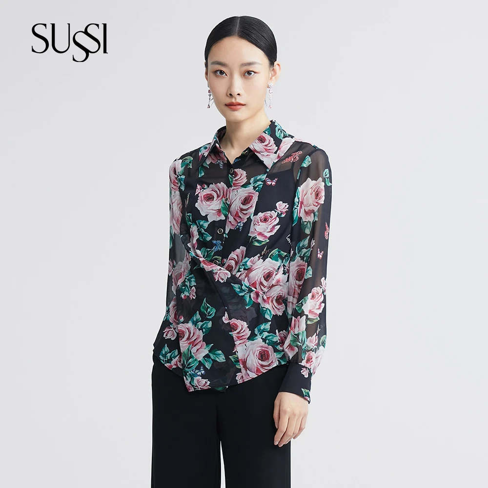 【暗夜玫瑰】SUSSI/古色25春夏商场青衣黑印花内搭小吊带两件套衬衫