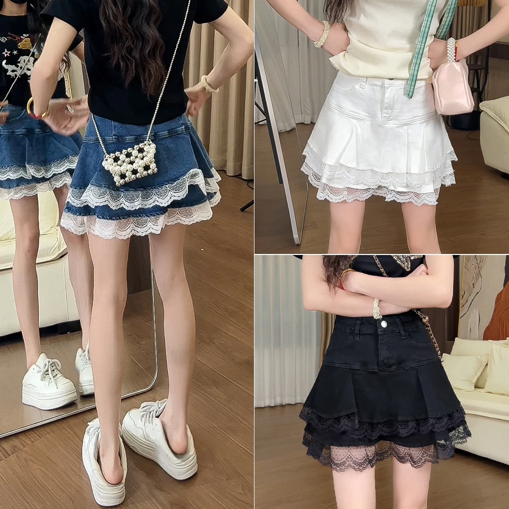 辣妹荷叶蕾丝拼接牛仔a字裙女夏防走光高腰百褶蓬蓬裙裤时尚洋气