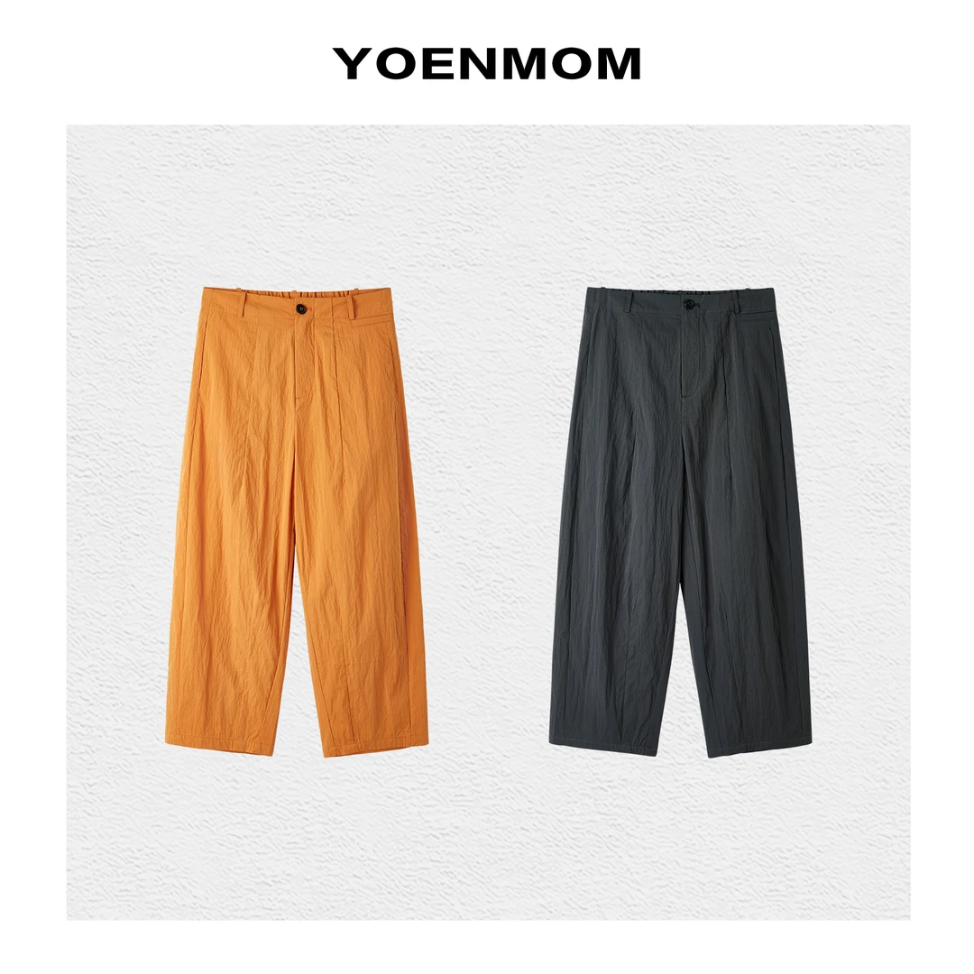 YOENMOM·悸动时光·棉质微褶纸感肌理简约立裁半松紧腰休闲九分裤