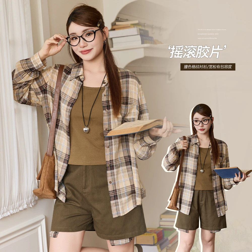 复古格纹灯笼袖正肩翻领衬衫夏季胖mm大码宽松显瘦百搭上衣新款爆