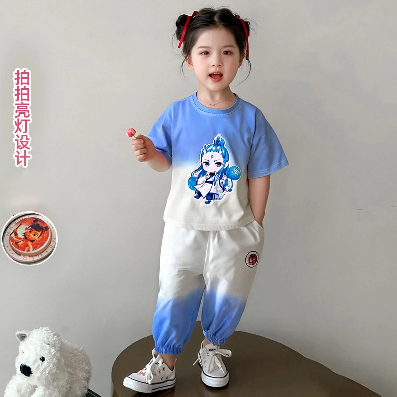 儿童敖丙衣服女童短袖夏款套装2025新款中小童男童渐变吊染运动装
