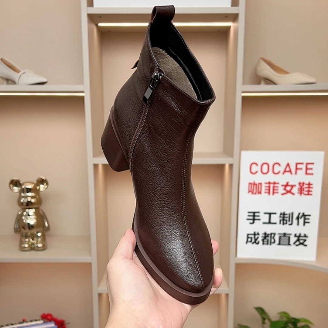 羊皮/跟高5CM/秋冬季侧拉链圆尖头粗跟中跟舒适厚底黑色棕色短靴