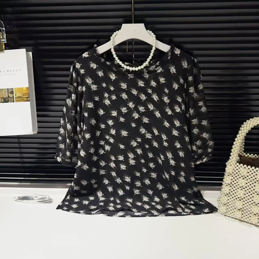 L胸102-114长60减龄碎花短袖衬衫女气质高端上衣木耳边 1340