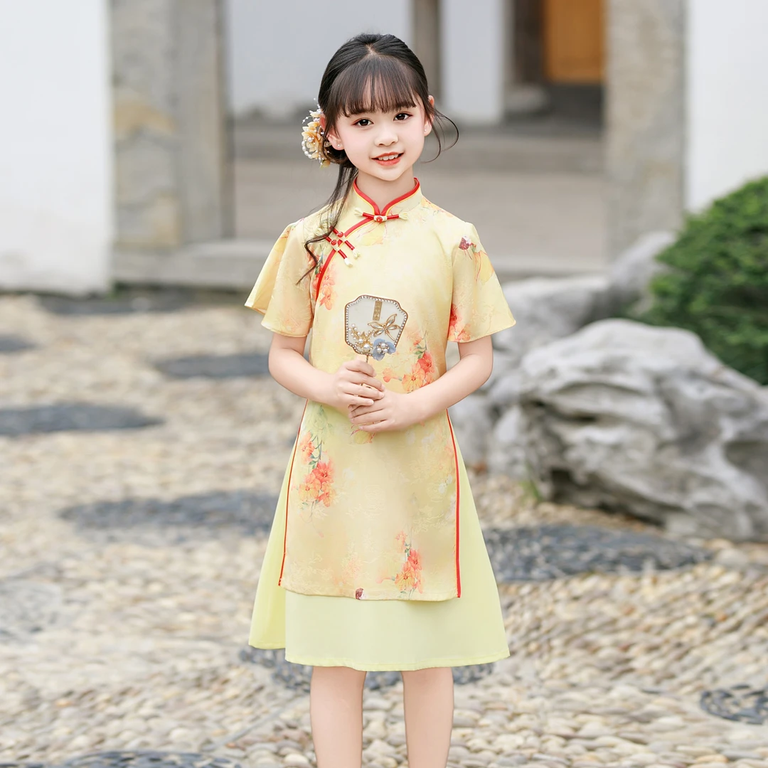 黄色旗袍女童古风汉服连衣裙2025新款儿童奥戴唐装中国风夏季薄款