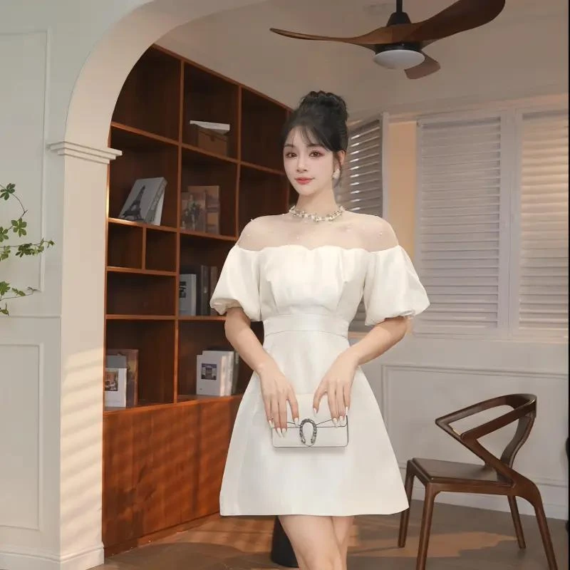 2025夏季新款礼服法式泡泡袖简约设计轻奢感气质小个子拼接连衣裙