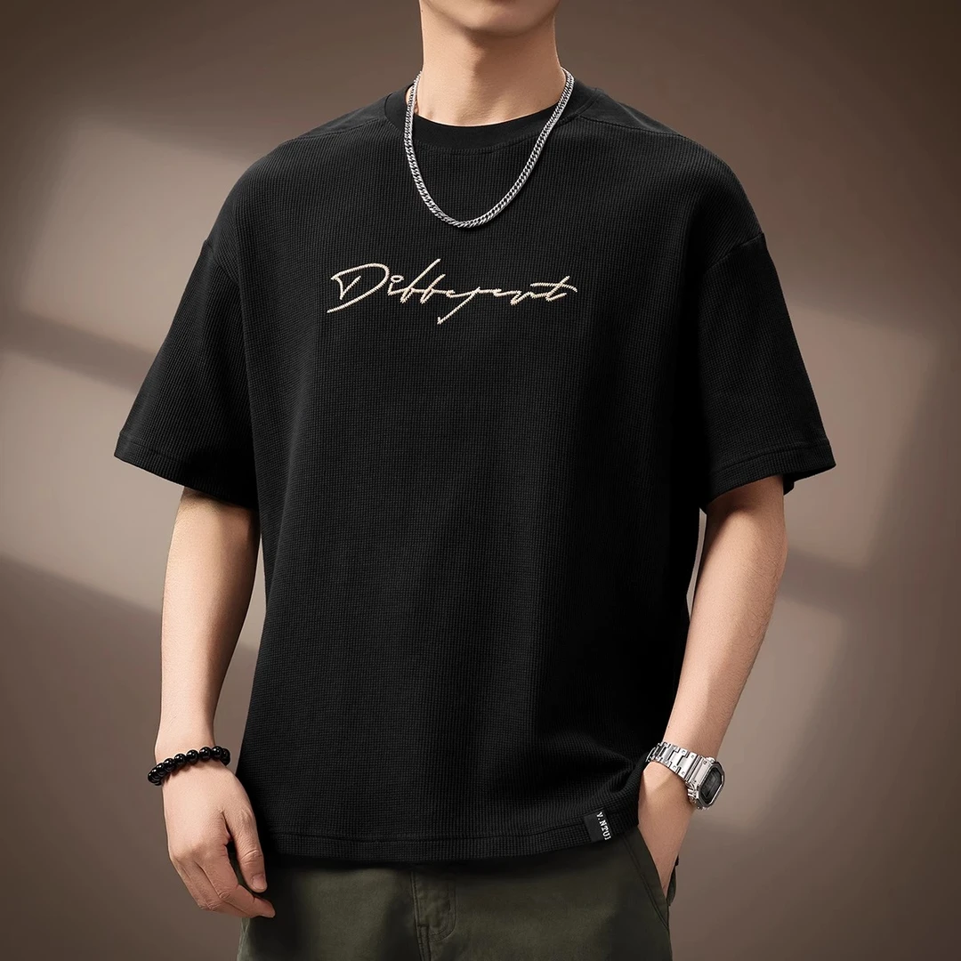 MR.MUDI/穆迪先生高端重磅肌理感黑色短袖T恤男2025夏季新款宽松