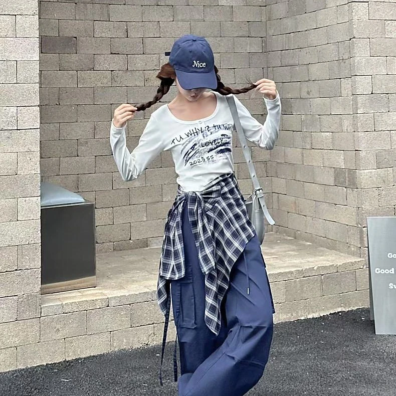 2025字母长袖衬衫秋季新款辣妹风格子显瘦上衣工装裤三件套套装