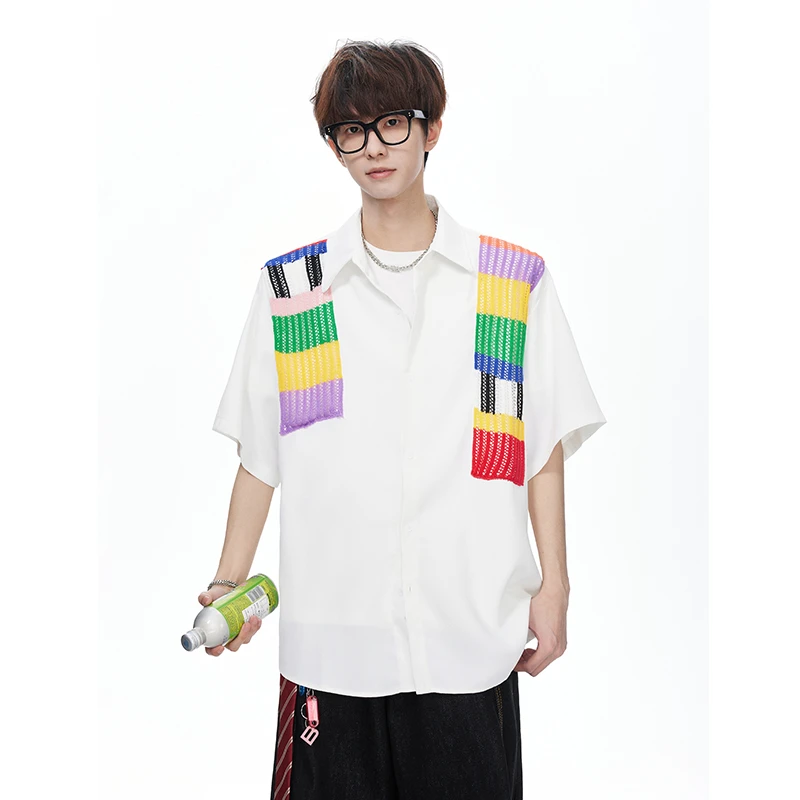 设计感彩虹毛织拼接短袖衬衫夏季美式cleanfit小众高级感休闲衬衣