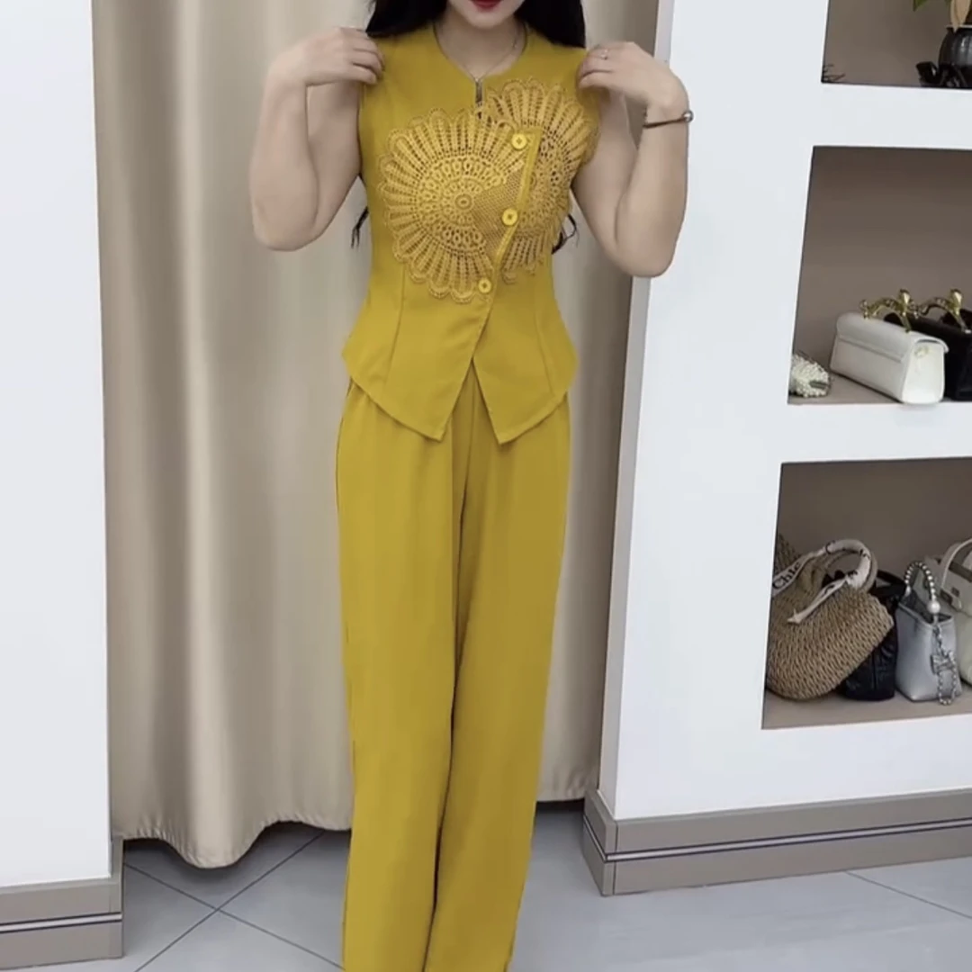 夏季新款轻奢高级定制重工显瘦上衣搭配阔腿裤套装