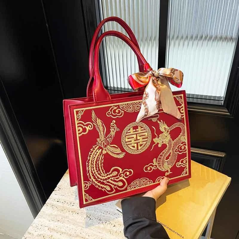 红色喜字国风龙凤呈祥刺绣婚包女2025新款结婚包包新娘包单肩手提