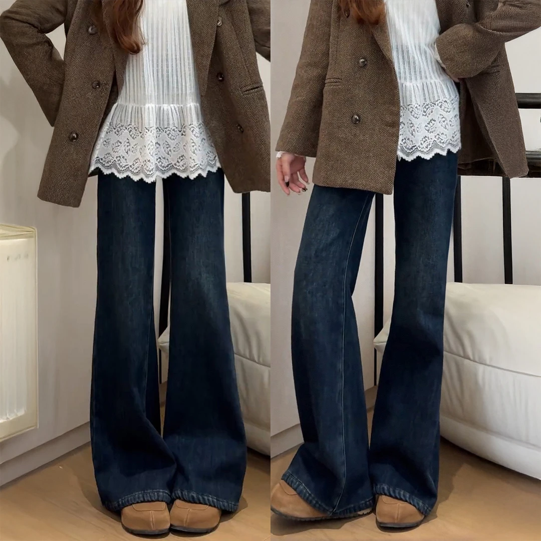 深蓝色微喇牛仔裤女秋冬加绒加厚大码胖mm高腰宽松显瘦阔腿喇叭裤