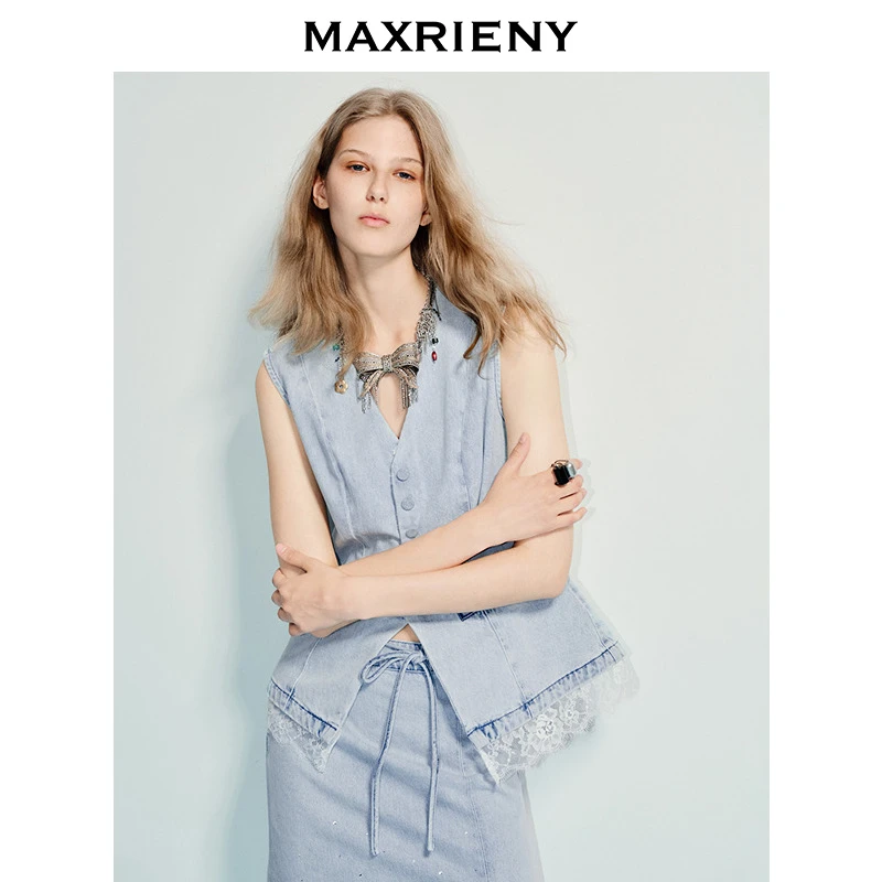 MAXRIENY2025年夏季新款无袖马甲水洗蓝牛仔拼接蕾丝高级感百搭