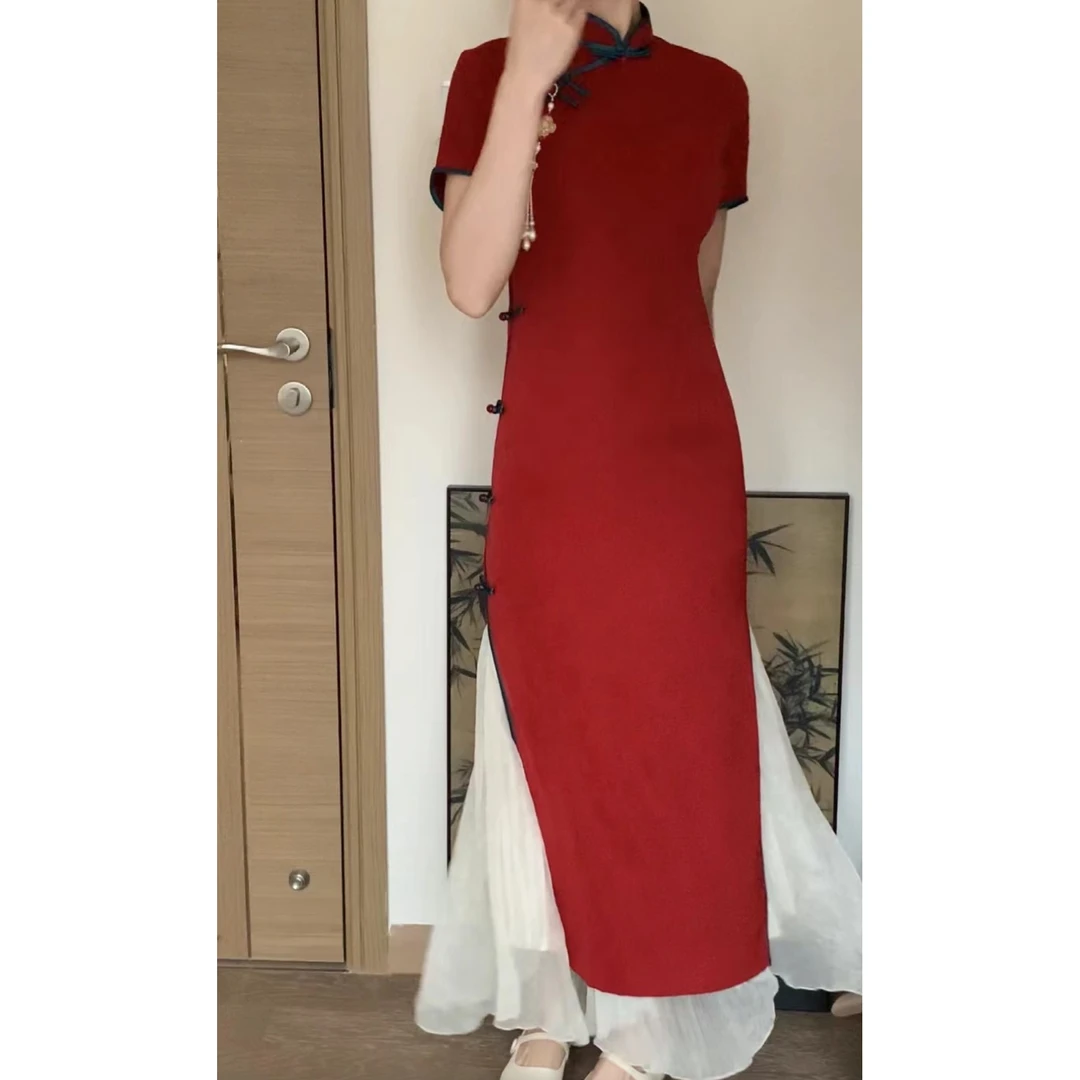 | 复古文艺夏季 铜氨丝双层复古红色显白改良拉链旗袍