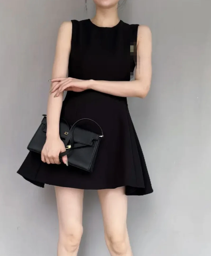 夏季法式无袖收腰显瘦黑色A字连衣裙气质简约