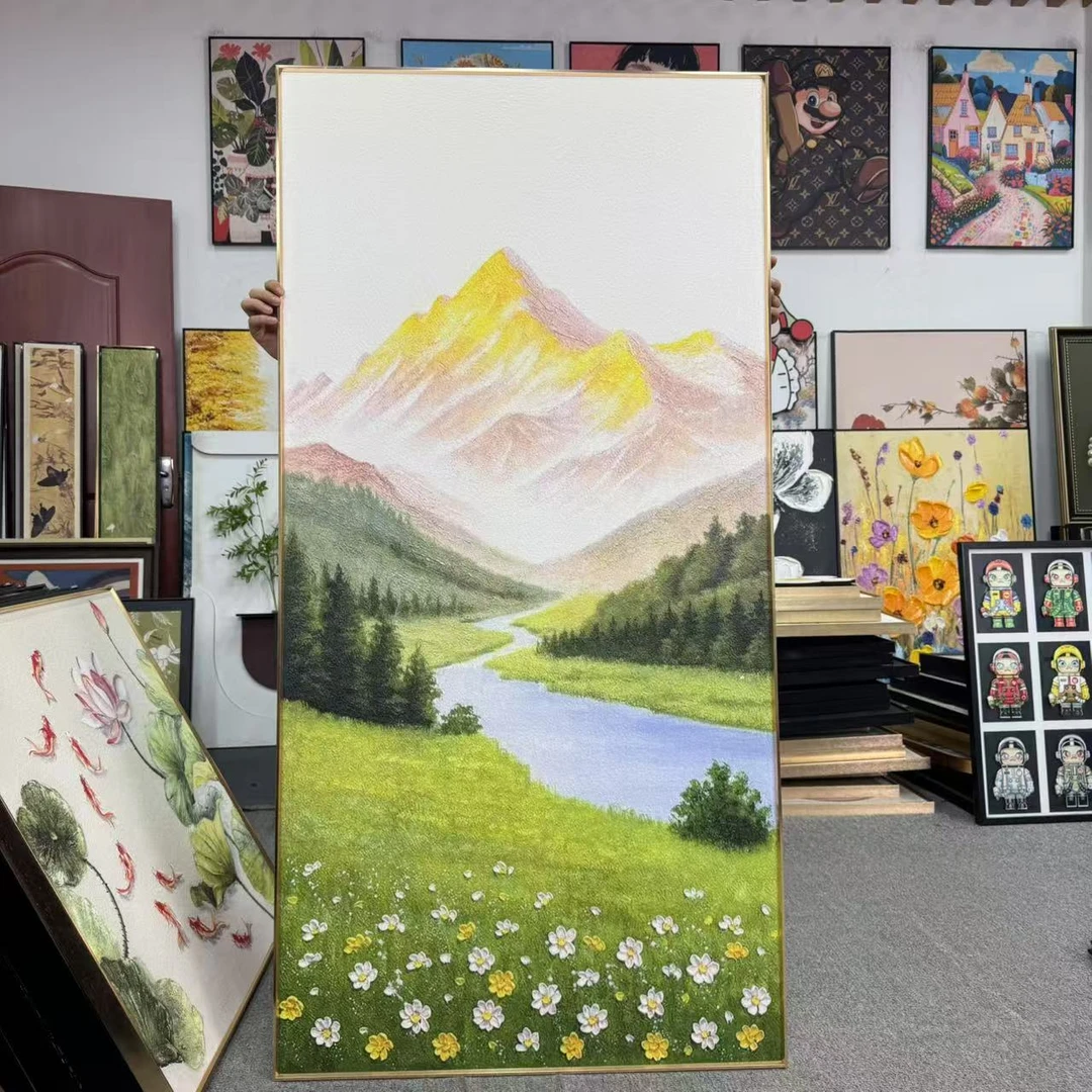 富水青山砂岩竖版奶油风山水风景客厅过道壁画80160