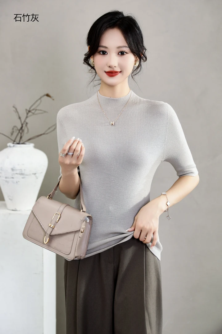 100%羊毛可机洗精纺半高领短袖针织衫半袖女士修身时尚气质