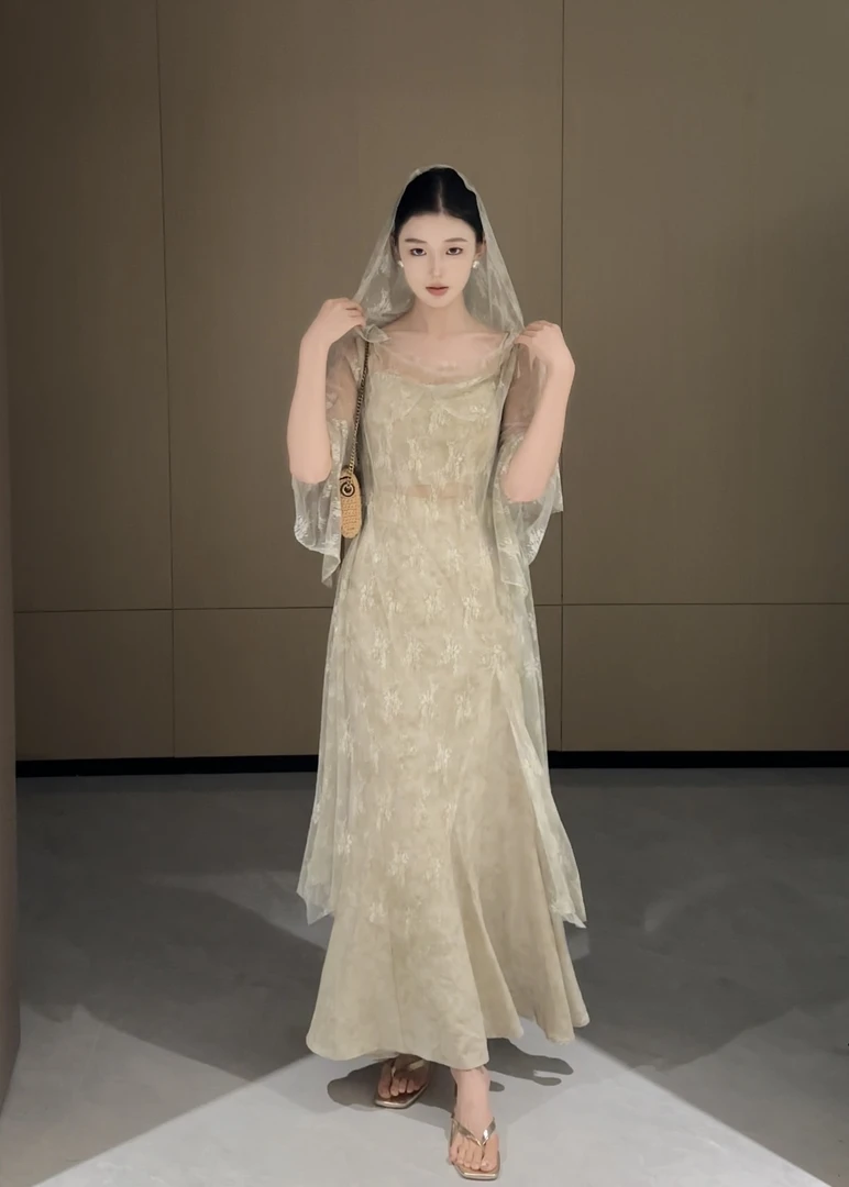 现货春日部【西域神女】优雅蕾丝罩衫吊带半身裙三件套0953