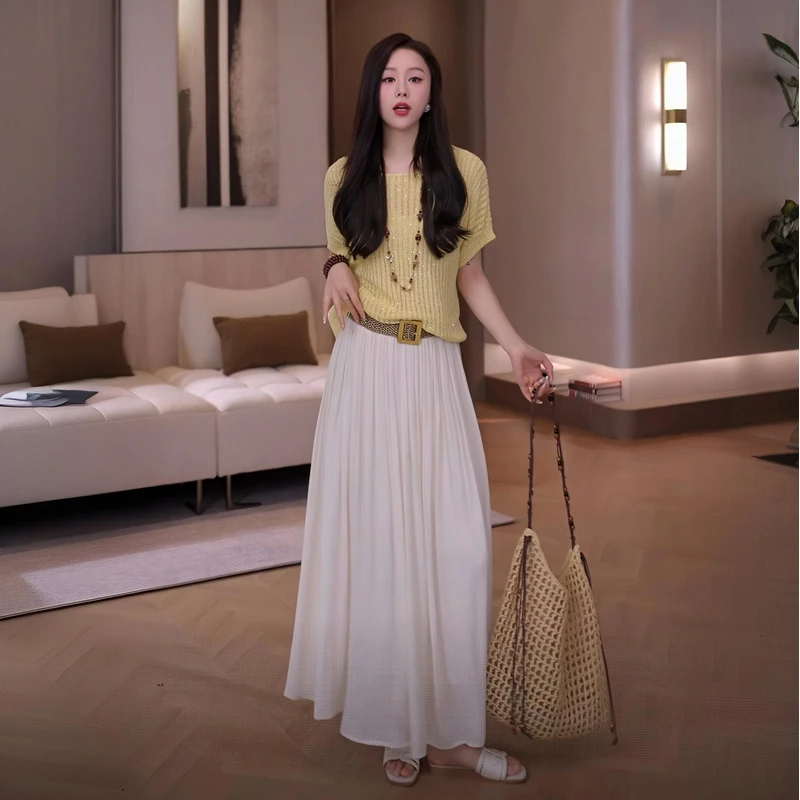 时尚洋气蝙蝠袖短袖针织衫+百褶配皮带半身裙显瘦两件套2025夏季