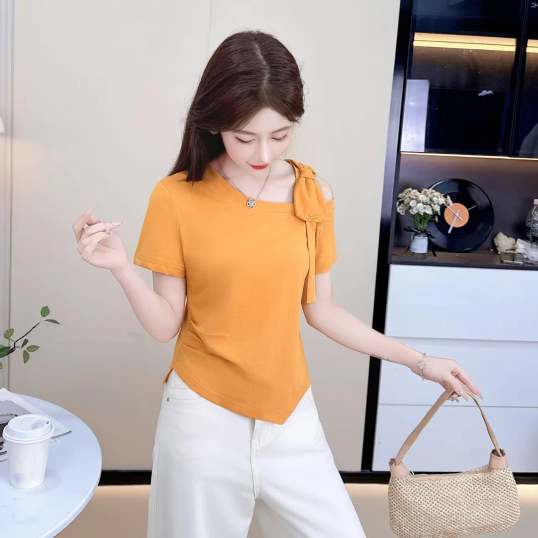 55871T恤短款百搭镂空不规则蝴蝶结性感风短袖常规款洋气