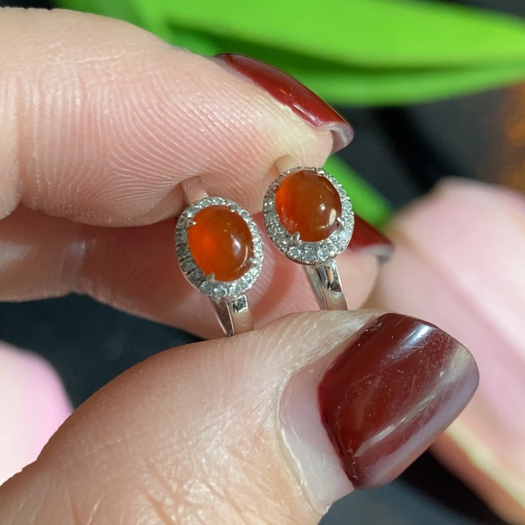 翡翠耳饰18K金镶嵌红翡蛋面耳扣耳包