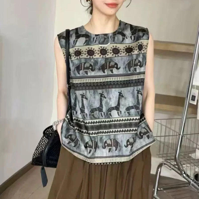 国风马甲无袖衬衫背心2025夏季新款印花上衣宽松衬衫休闲T恤 200