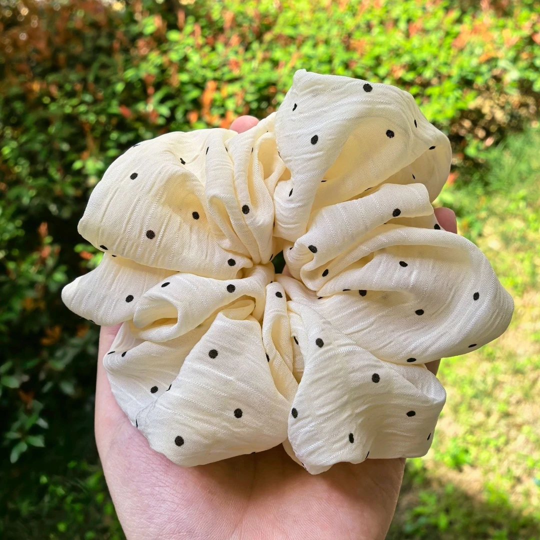 「南法慵懒午后｜米色波点雪纺发圈の褶皱温柔」气质百搭发圈