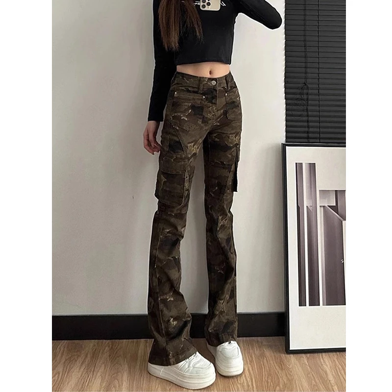 美式复古迷彩工装裤男款春秋显瘦vintage裤子直筒修身弯刀微喇裤