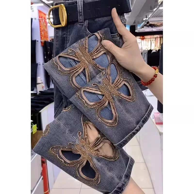 显瘦小个子夏季薄款镂空大码直筒牛仔裤女梨形身材高腰九分烟管裤