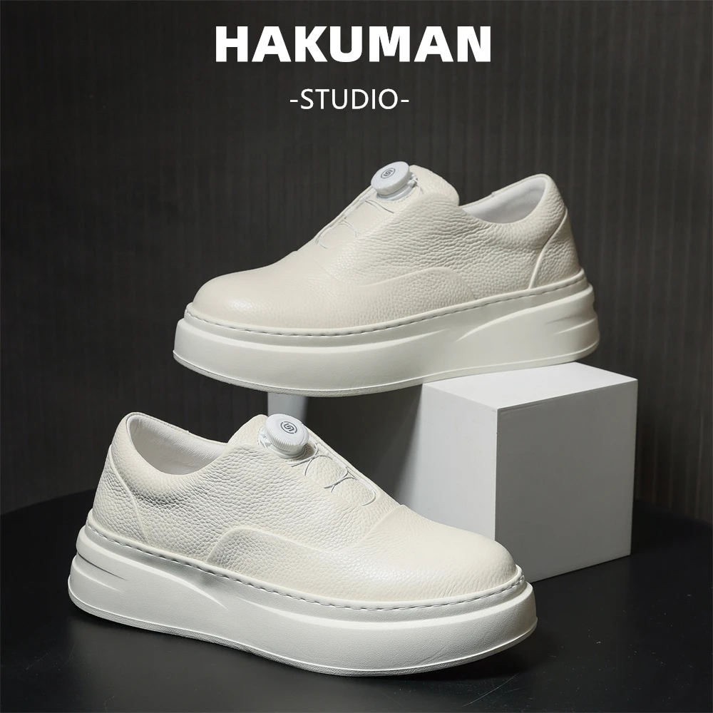 哈酷曼男士小白鞋头层牛皮真皮超轻底免系带增高厚底舒适一脚蹬