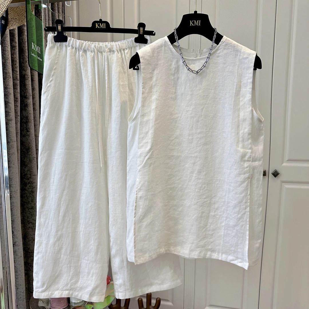 夏季大码300斤藏青色亚麻无袖背心阔腿裤时尚套装宽松男女两件套2