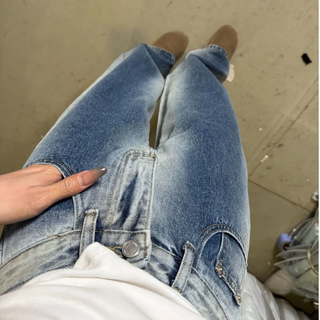 YOYO自制春夏直筒百搭潮流复古水洗牛仔阔腿拖地裤