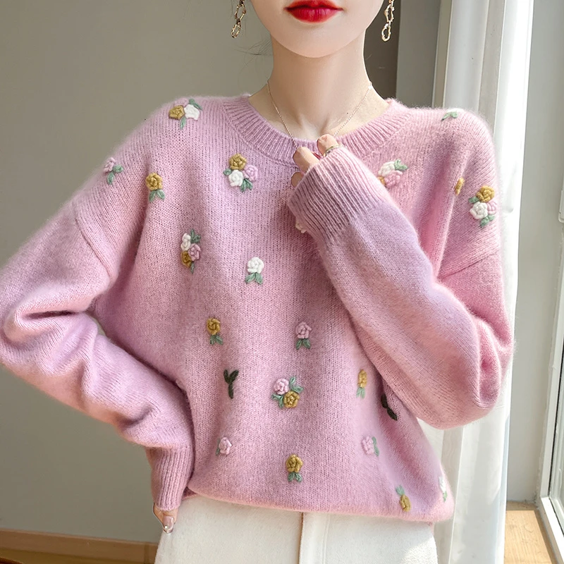 羊绒蚕丝套头毛衣丝羊绒重工刺绣针织衫圆领羊绒衫气质百搭显瘦