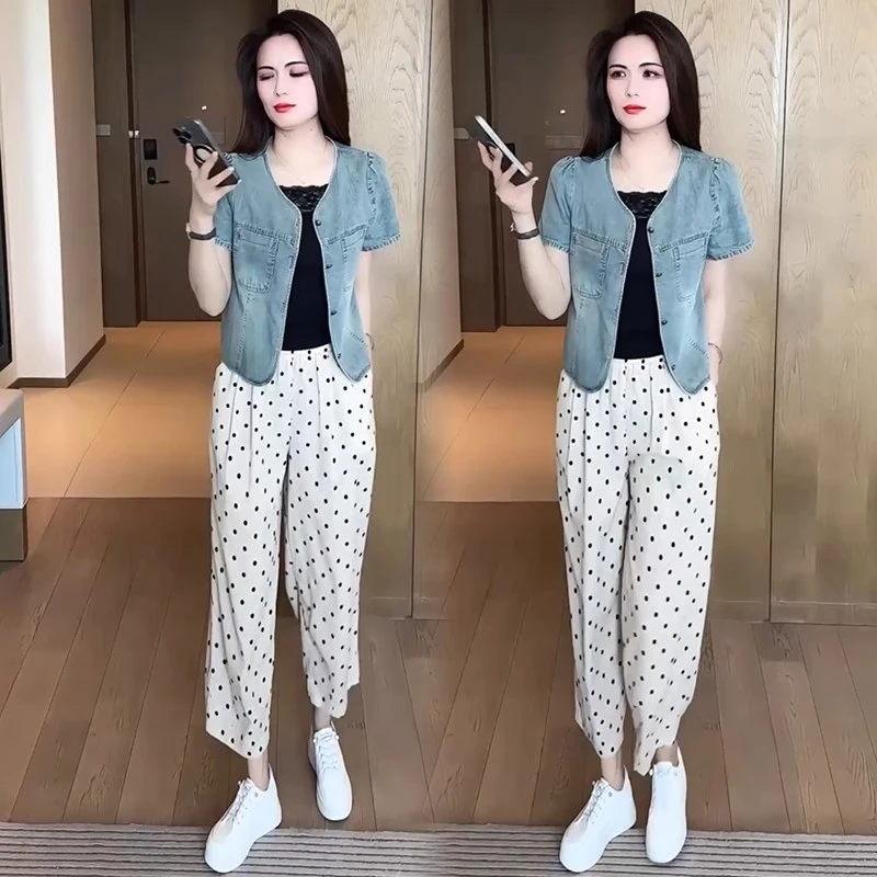 时尚套装女2025夏季新款时髦设计感洗水牛仔马甲波点阔腿裤两件套