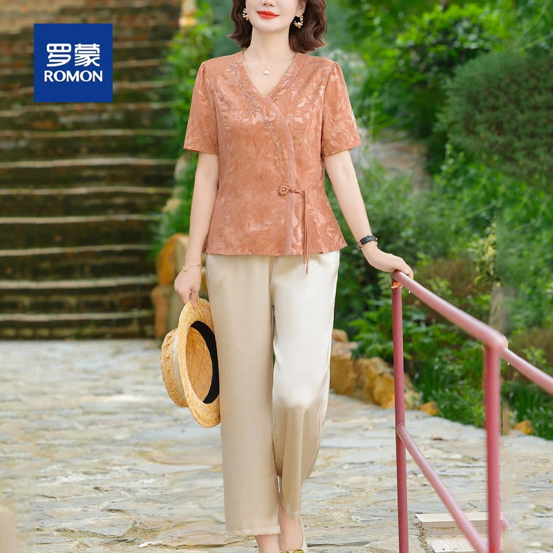 罗蒙气质妈妈夏装短袖套装2025新款阔太太中式国风小衫中老年女装