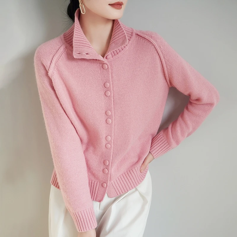 高端精纺羊毛针织衫女春秋轻奢百搭时尚打底开衫纯色长袖立领开衫