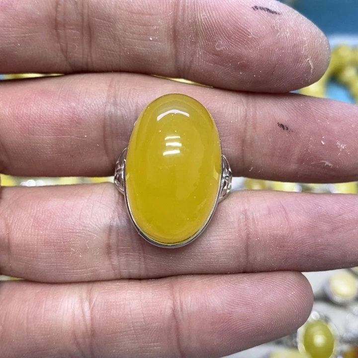 蜜蜡裸石银S925镶嵌戒指