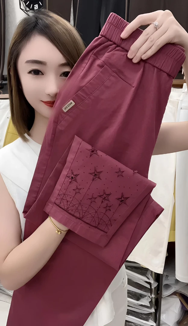 Y6692 夏季水洗棉重工镂空刺绣八分萝卜裤