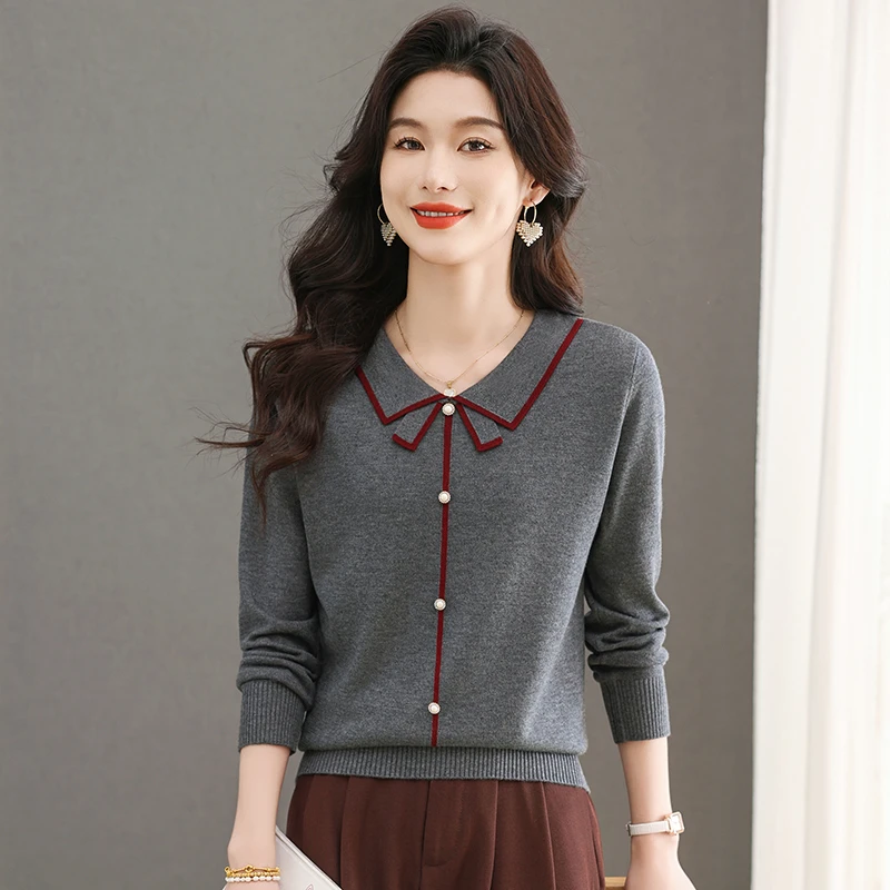 2025春装新款洋气时髦翻领上衣女短款可打底可外穿好看长袖针织衫